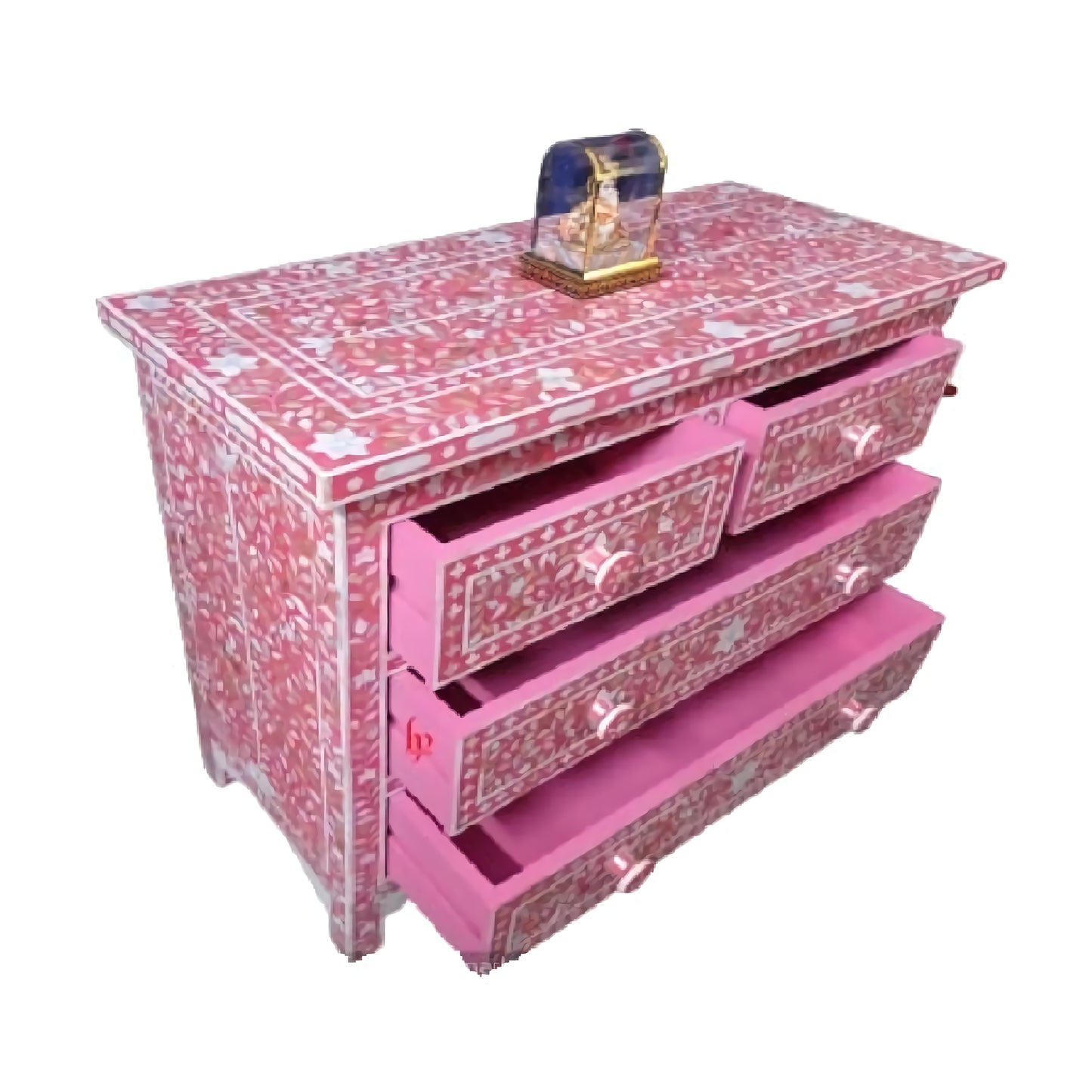 Bone Inlay Chest Of 4 Drawers , Floral Pattern In pink