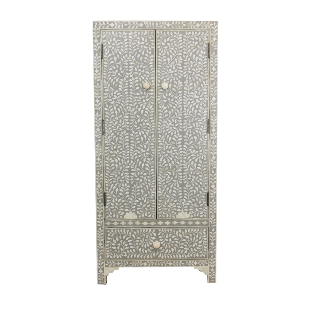 Handmade Floral Bone Inlay Two Door And One Drawer Almirah / Wardrobe /Armories Best For Home Decor