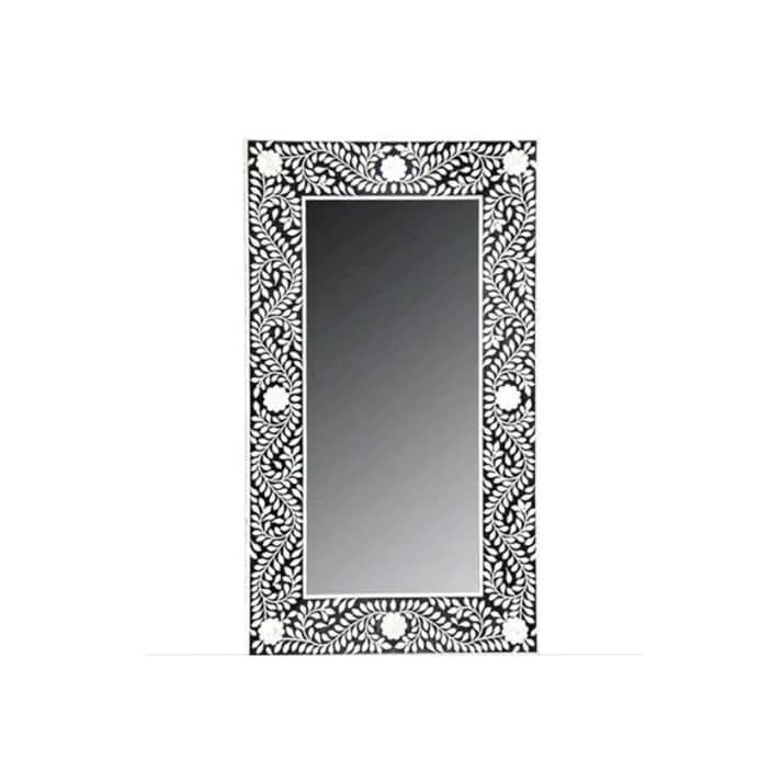 Handmade Bone Inlay Rectangular Mirror Frame Floral Pettren Black color