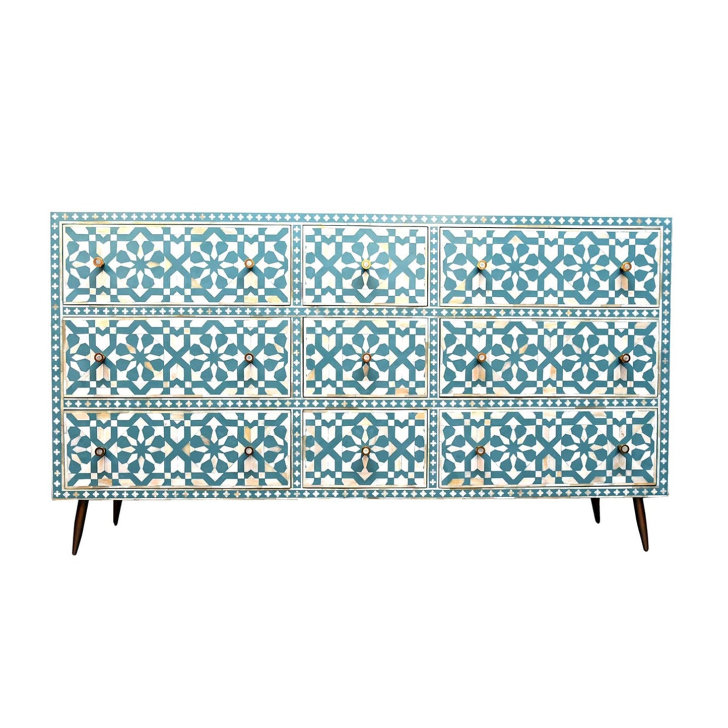 Bone Inlay Chest Of 9 Drawers, Moroccan Pattern In Blue