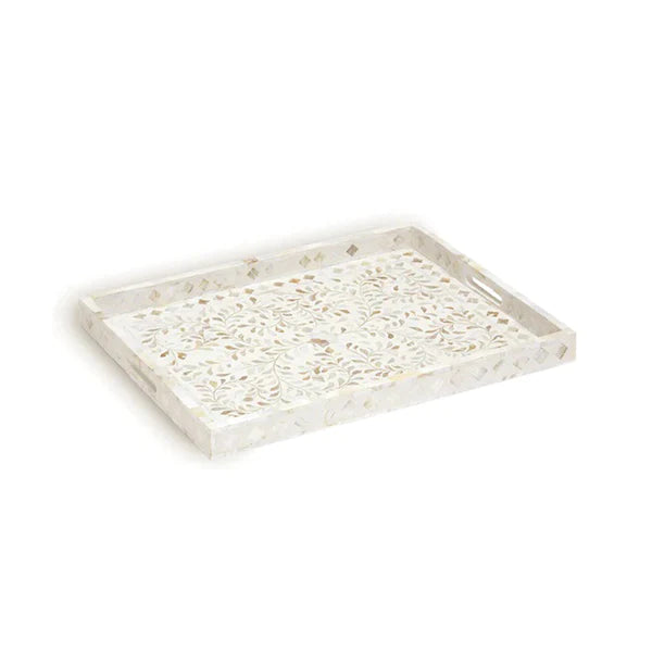 Handmade Mother of Pearl inlay White Floral Pattern Rectangular Tray for Home Decor