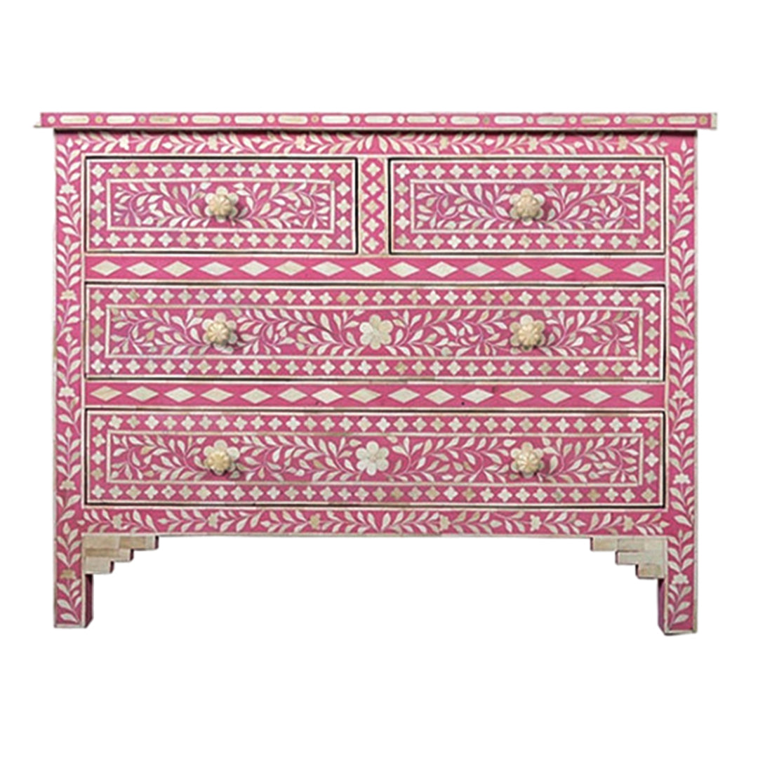 Bone Inlay Chest Of 4 Drawers , Floral Pattern In pink