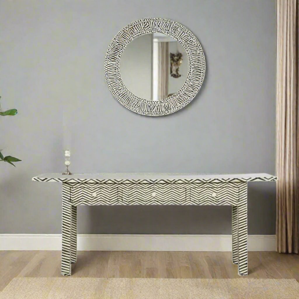 HANDMADE BONE INLAY CONSOLE TABLE BLACK CHEVRON PATTERN