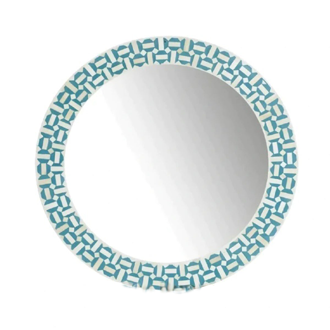 Bone Inlay Geometric Blue and White Round Mirror Frames with Complimentary Mirror