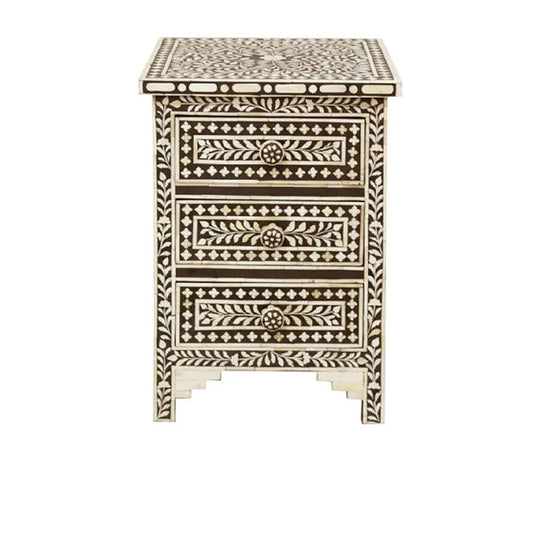 Floral Bone Inlay Bedside Table - Brown
