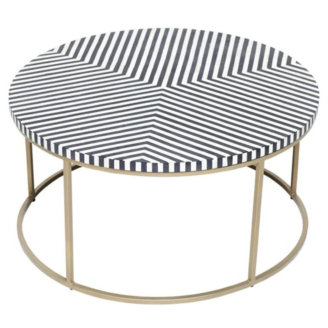 Geometric Black and White Striped Round Bone Inlay Coffee Table