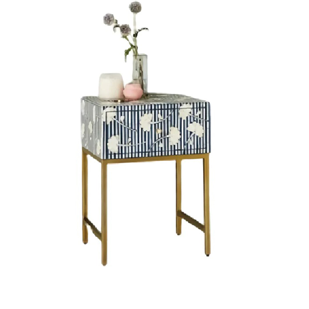 Floral Pattern Bone Inlay Bedside Table - Blue