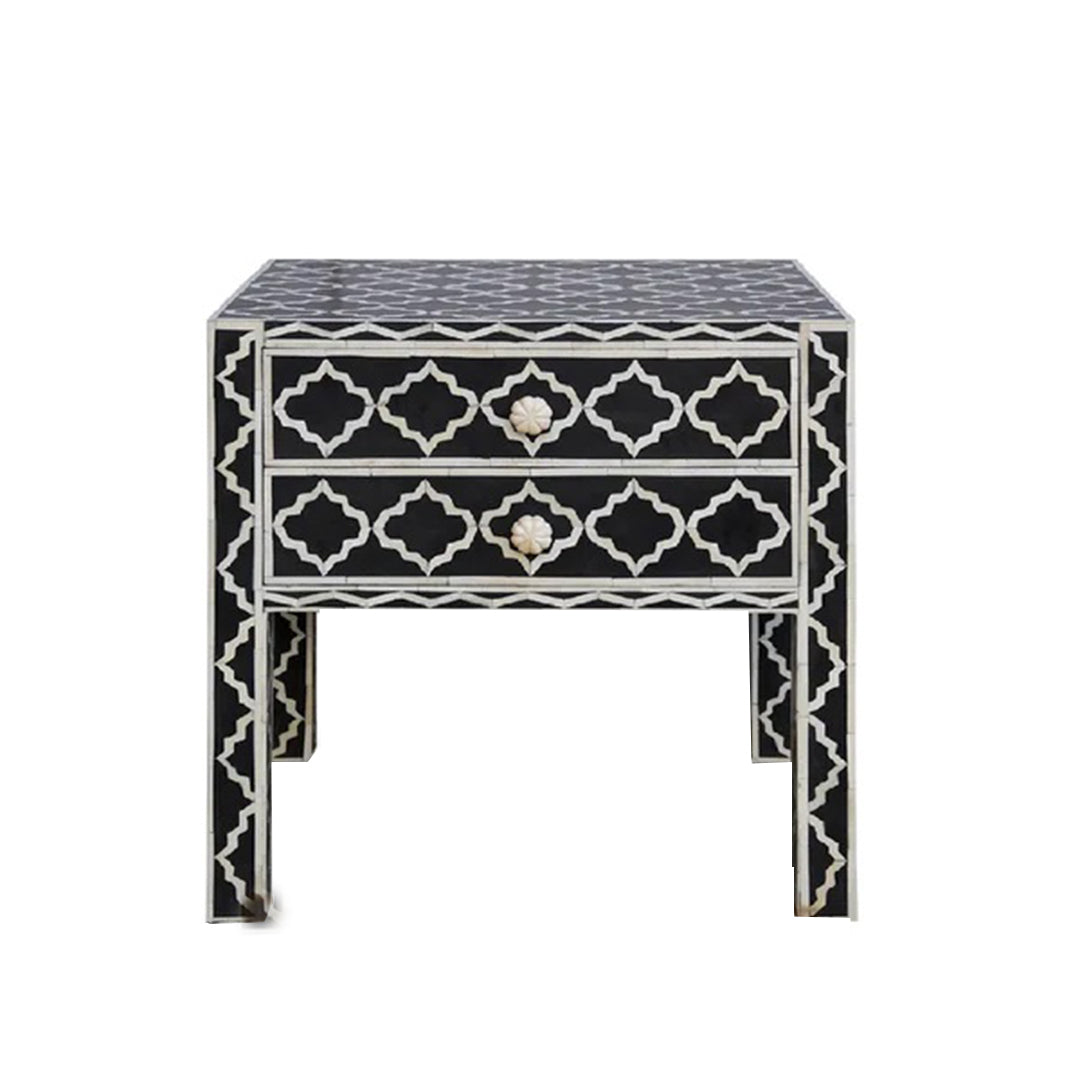 Geometric Mughal Pattern Bone Inlay Bedside Table - Black