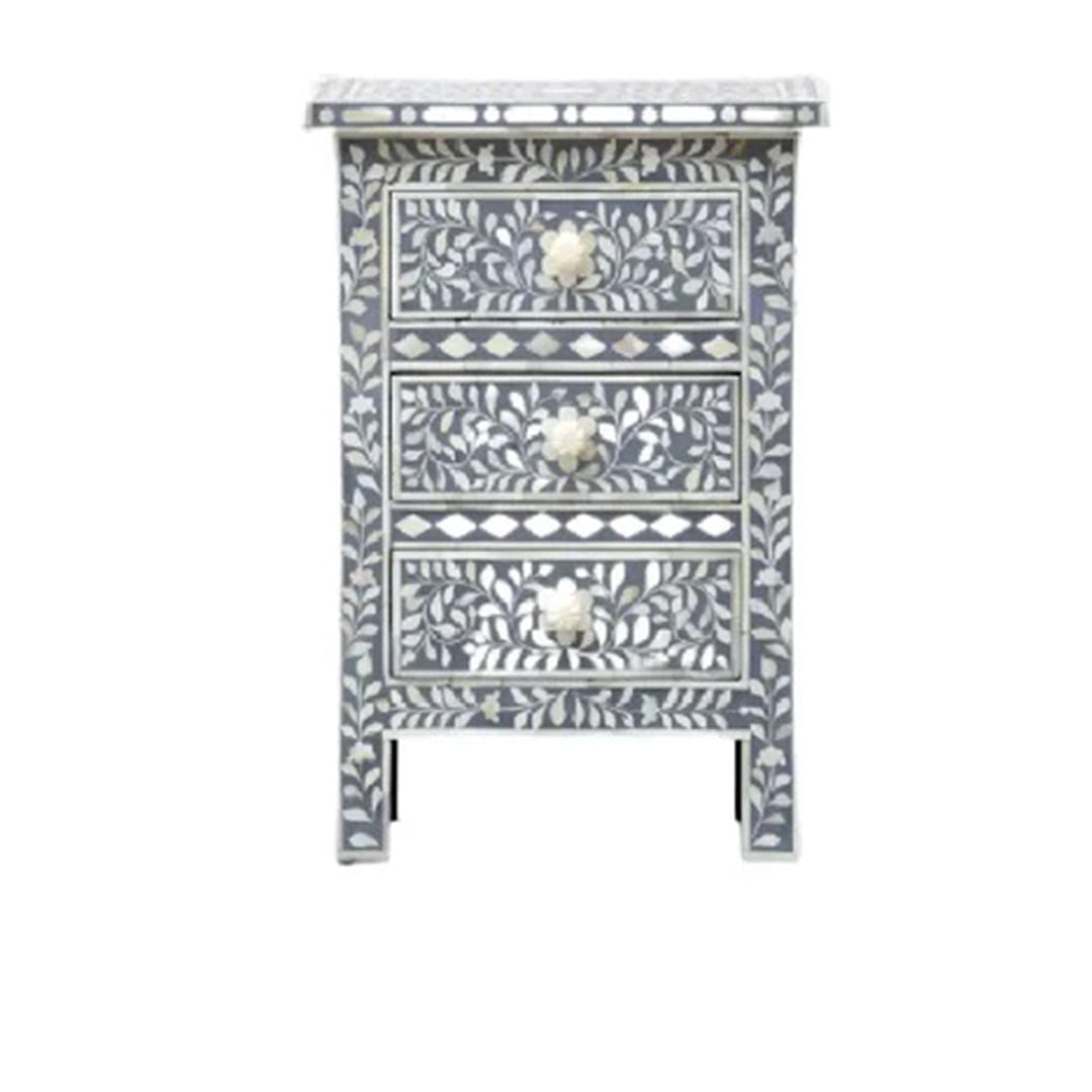 Floral Bone Inlay 3 Drawer Bedside Table - Grey