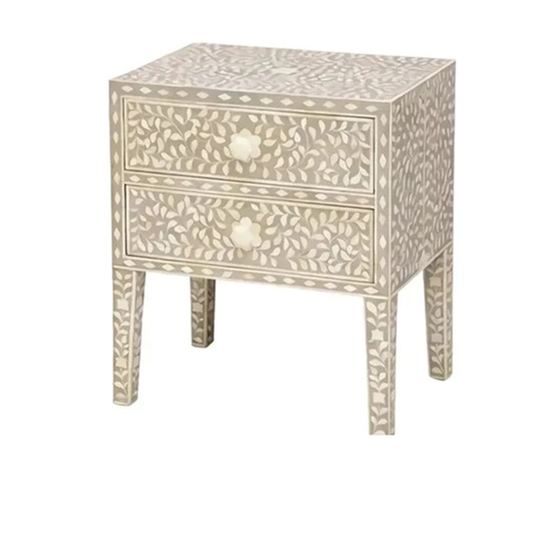 Bone Inlay Floral Pattern Bedside Table - Brown