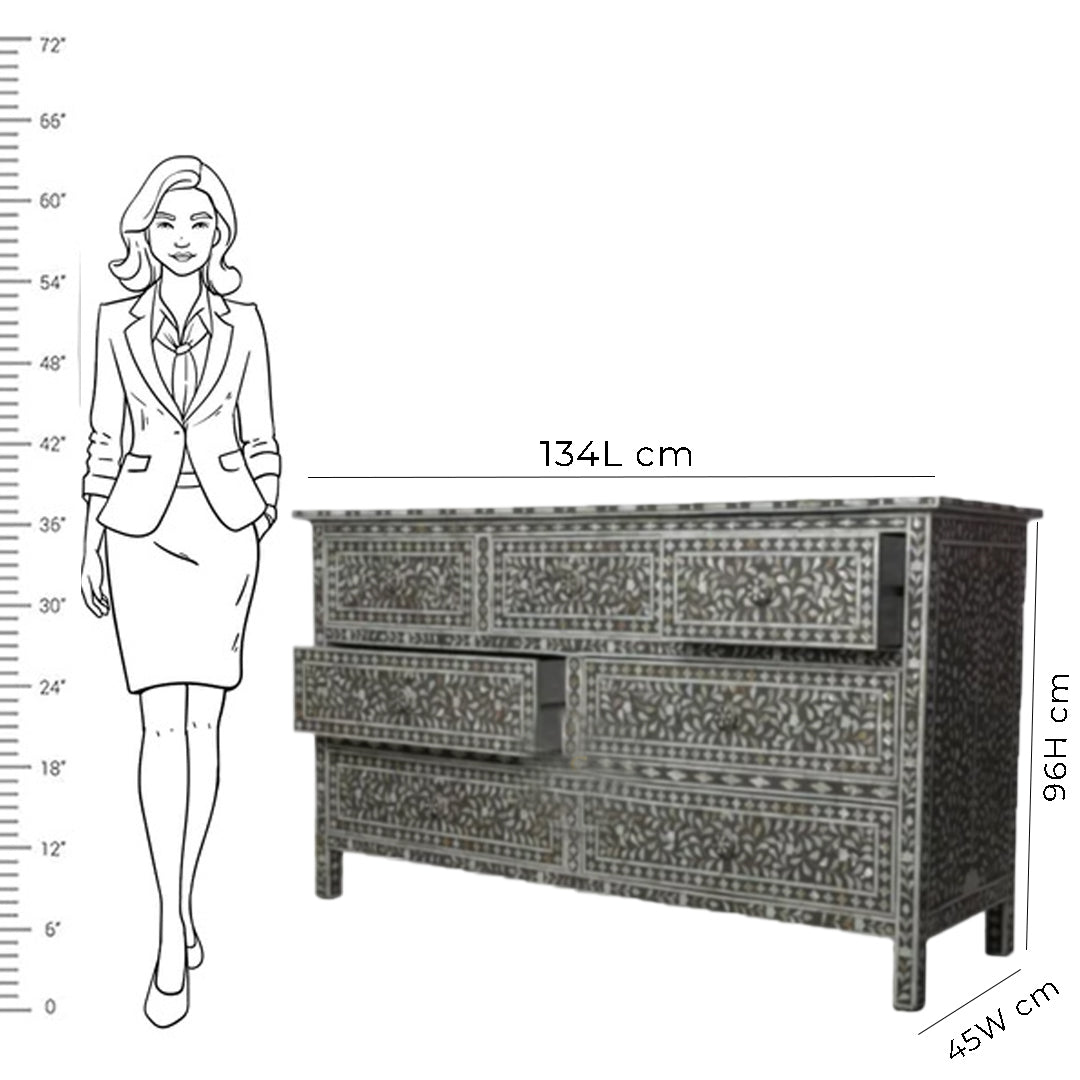 HANDMADE CHARCOAL BLACK MOTHER OF PEARL INLAY CHEST OF 7 DRAWERS