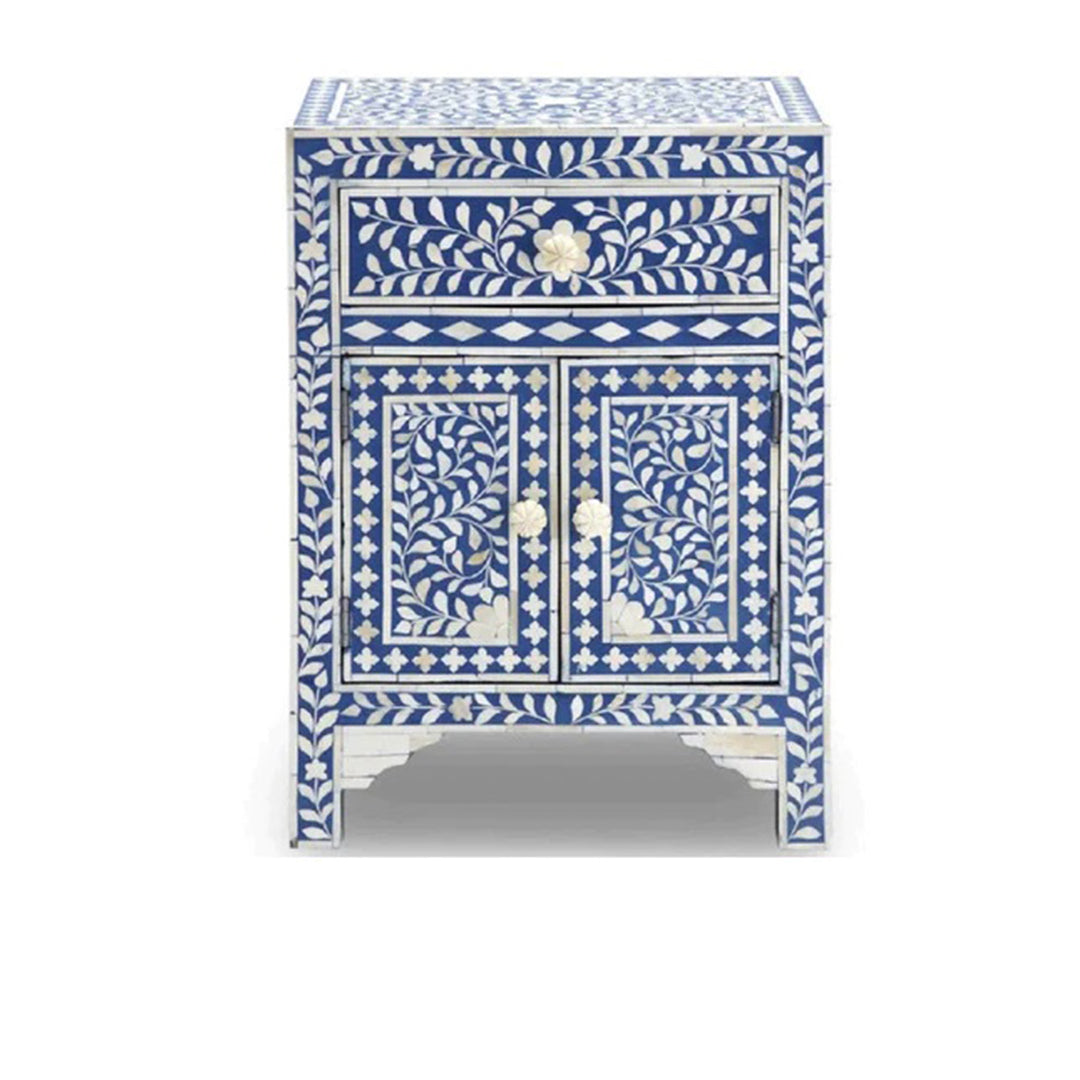 Bone Inlay Floral Bedside Table - Blue