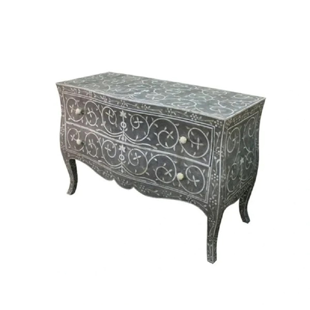 Bone Inlay Chest Of 2 Drawers, Floral Pattern In Black