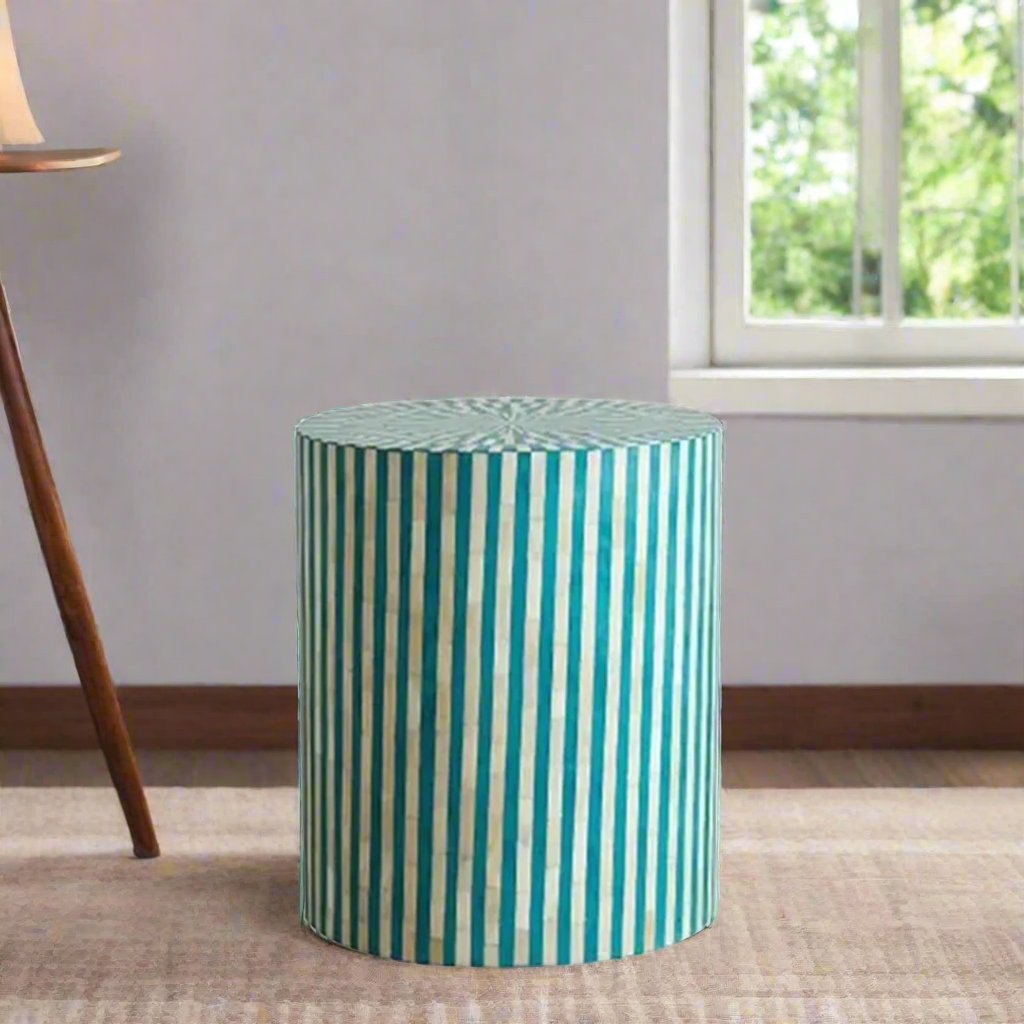 HANDMADE TURQUOISE BLUE BONE INLAY ROUND STOOL IN STRIPE PATTERN