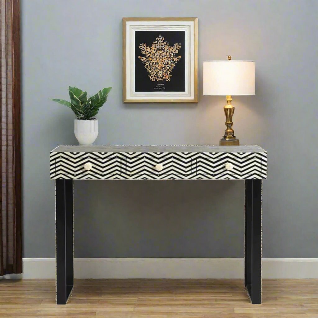 Handmade Customized Bone Inlay Chevron Pattern 3 Drawer Console Table