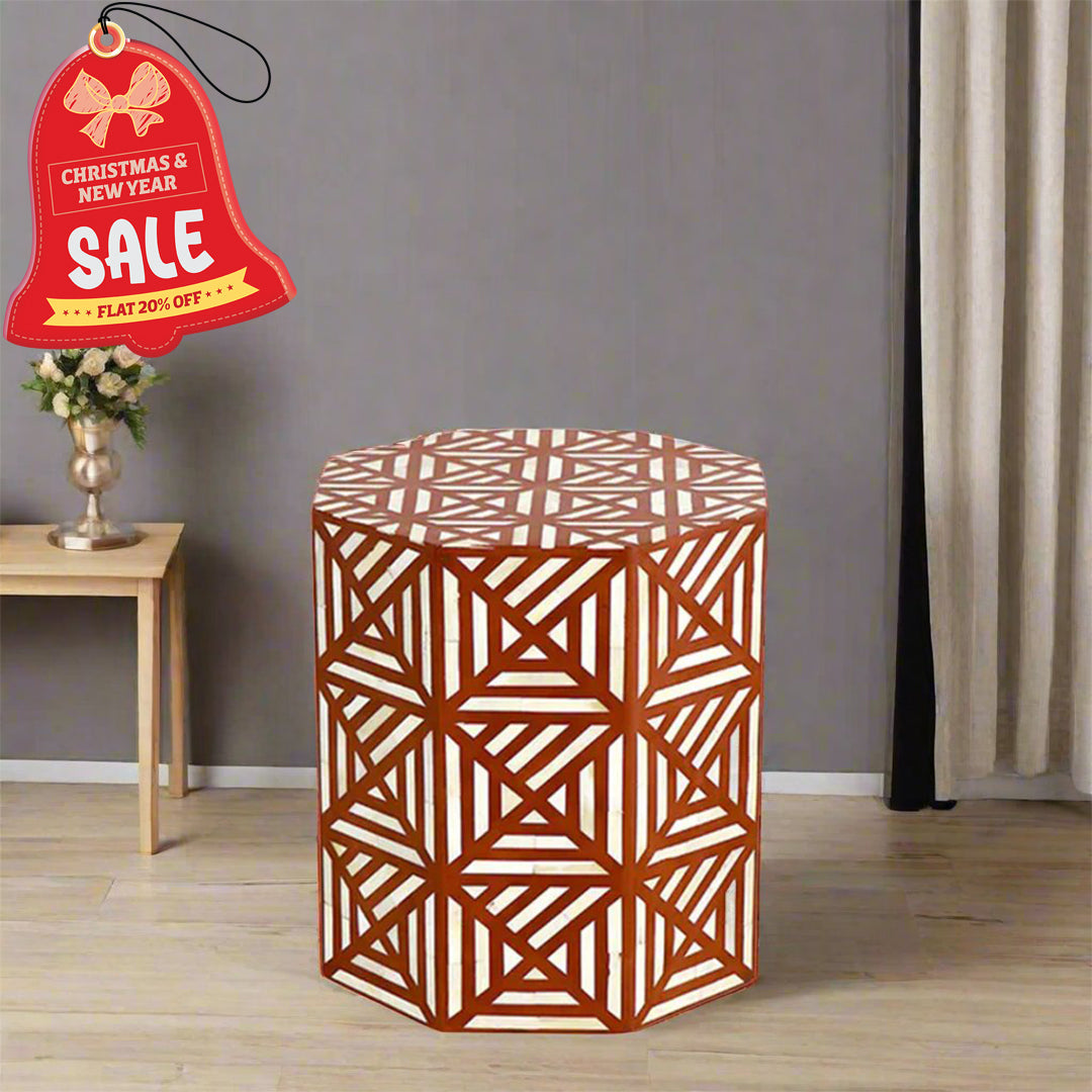 Handmade Customized Bone Inlay Geometric Pattern Hexagonal Stool