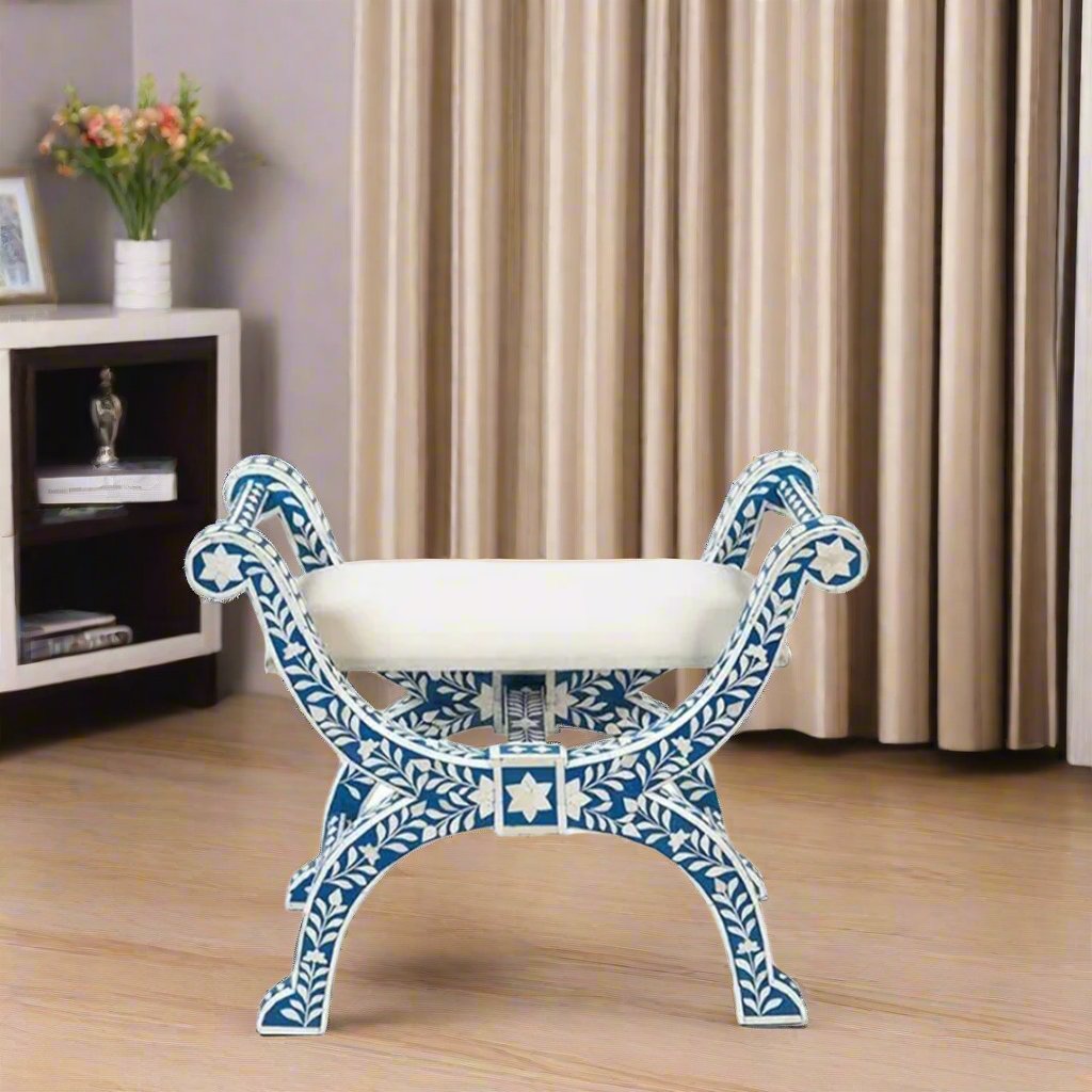 HANDMADE INDIGO BONE INLAY FLORAL PATTERN JENNY STOOL