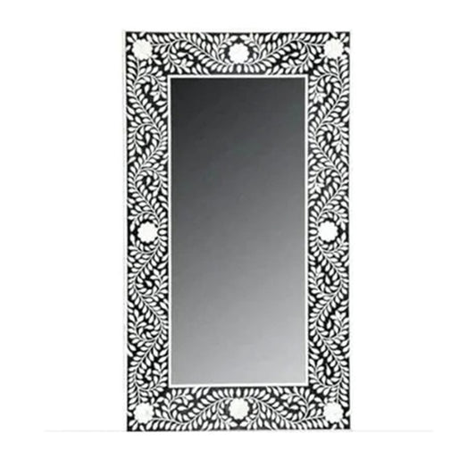 Handmade Bone Inlay Rectangular Mirror Frame Floral Pettren Black color