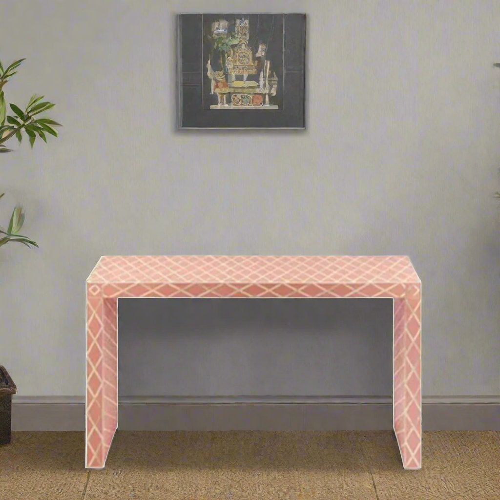 HANDMADE PINK BONE INLAY CONSOLE TABLE IN DIAMOND CUT DESIGN FOR BEAUTIFUL HOME AND OFFICE DECOR