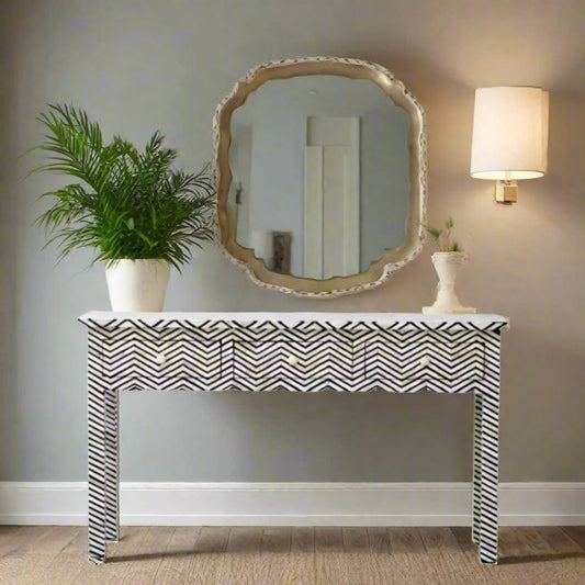 HANDMADE BONE INLAY CONSOLE TABLE IN BLACK AND WHITE CHEVRON PATTERN