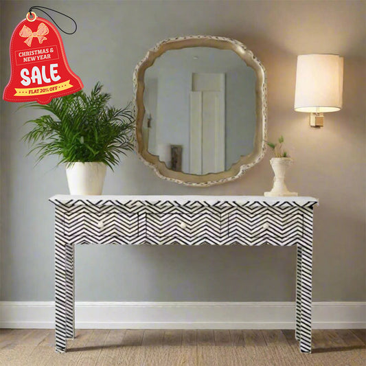 HANDMADE BONE INLAY CONSOLE TABLE IN BLACK AND WHITE CHEVRON PATTERN