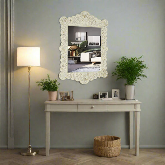 WHITE MOTHER OF PEARL INLAY SCALLOPED MIRROR FRAME