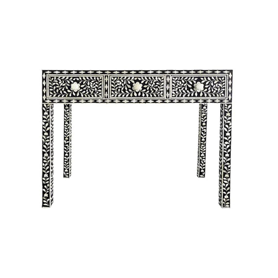 Handmade Customized Bone Inlay Floral Pattern 3 Drawer Console Table