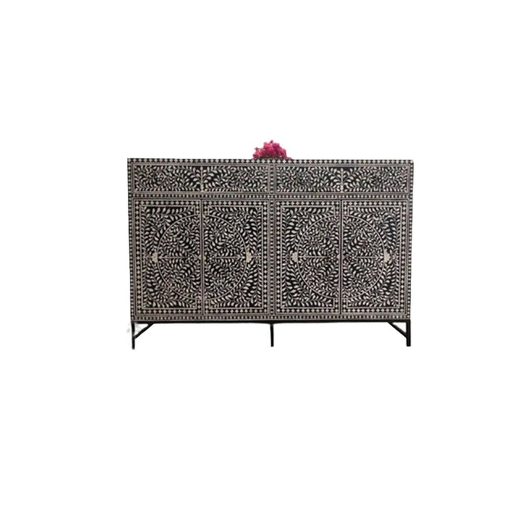 Bone Inlay Black Color Chest Of 2 Drawers 4 Doors Buffet in Floral Pattern