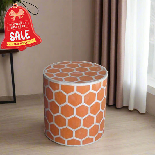 HANDMADE ORANGE BONE INLAY ROUND STOOL IN HONEYCOMB PATTERN