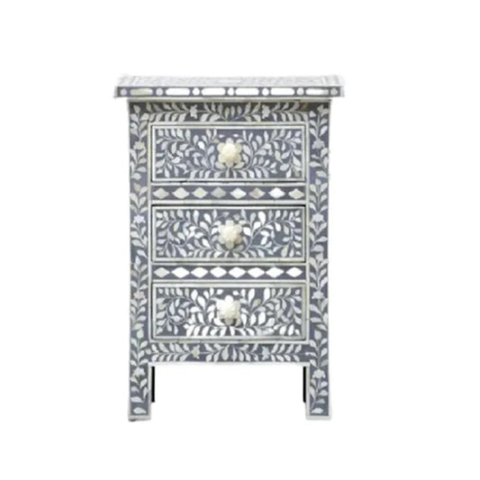 Floral Bone Inlay 3 Drawer Bedside Table - Grey