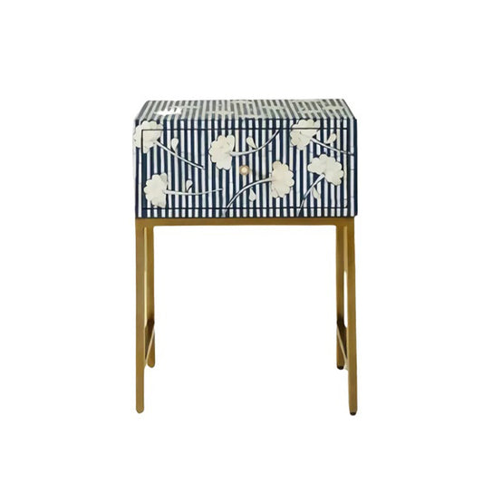 Floral Pattern Bone Inlay Bedside Table - Blue