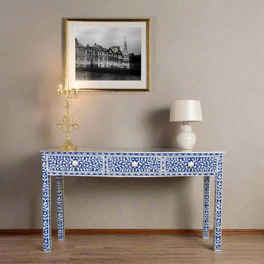 Handmade Customized Bone Inlay Floral Pattern 3 Drawer Console Table