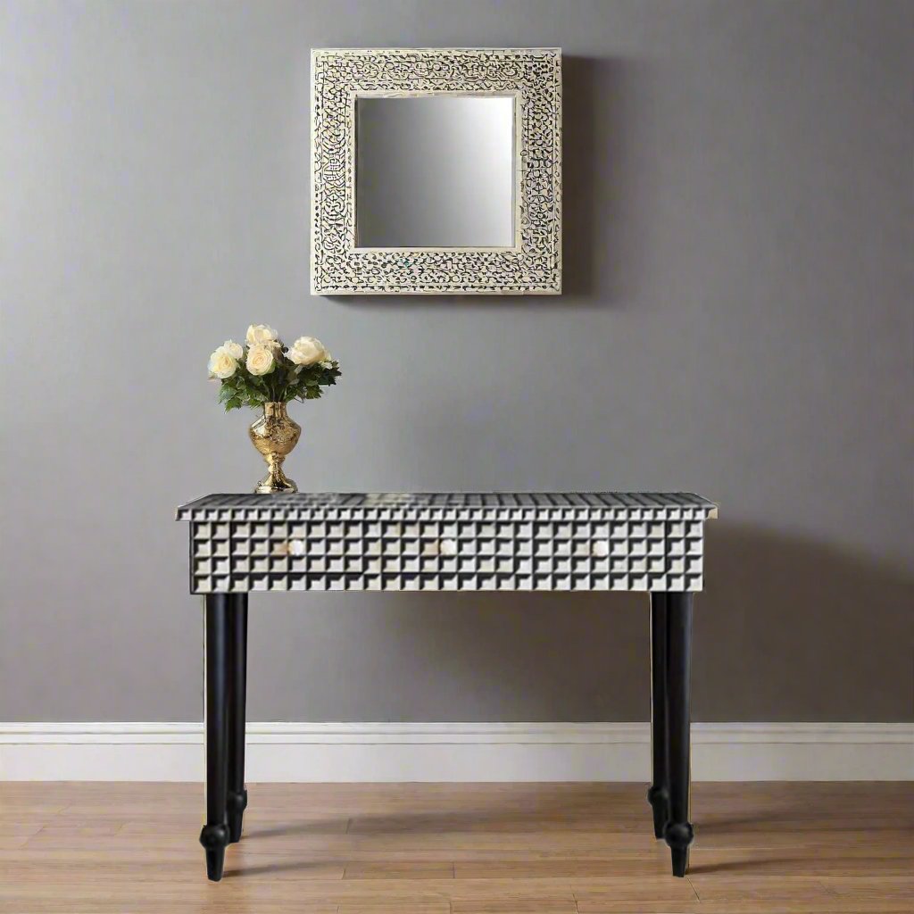 HANDMADE BLACK BONE INLAY CUBOID PATTERN CONSOLE TABLE