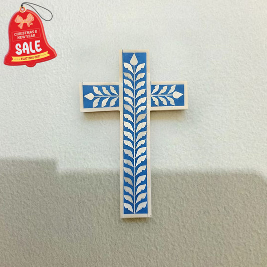 Bone Inlay Cross Floral Pattern Well cross - (Blue)