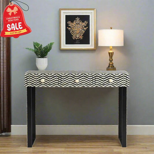 Handmade Customized Bone Inlay Chevron Pattern 3 Drawer Console Table