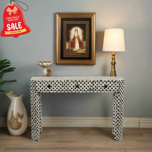 HANDMADE BLACK BONE INLAY CONSOLE TABLE IN GEOMETRICAL MESH DESIGN