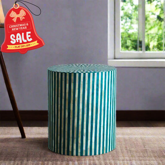 HANDMADE TURQUOISE BLUE BONE INLAY ROUND STOOL IN STRIPE PATTERN