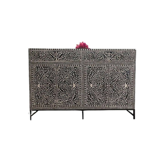 Bone Inlay Black Color Chest Of 2 Drawers 4 Doors Buffet in Floral Pattern