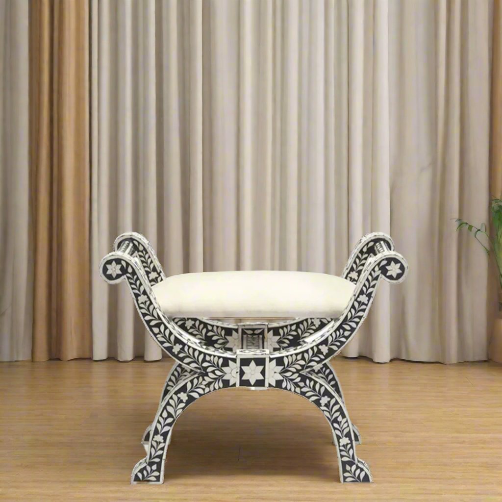 HANDMADE FLORAL PATTERN BLACK BONE INLAY JENNY STOOL