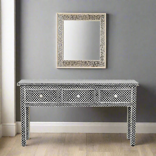 HANDMADE BLACK BONE INLAY CONSOLE TABLE IN FISH SCALE PATTERN FOR HOME AND OFFICE DECOR