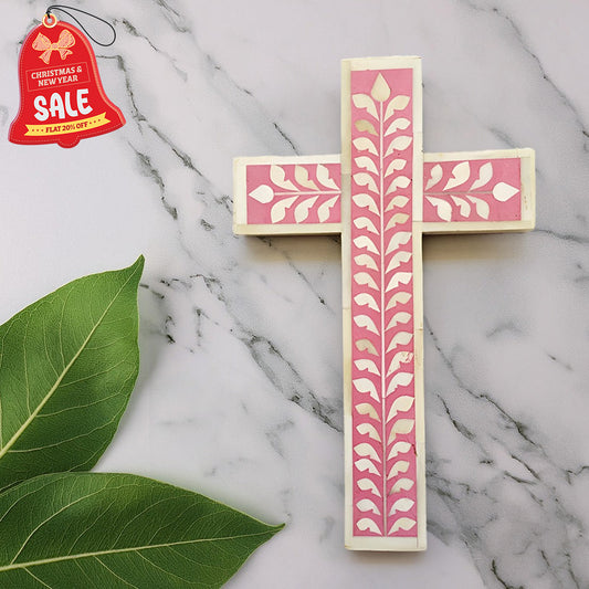 Bone Inlay Cross Floral Pattern Well cross - (Pink)