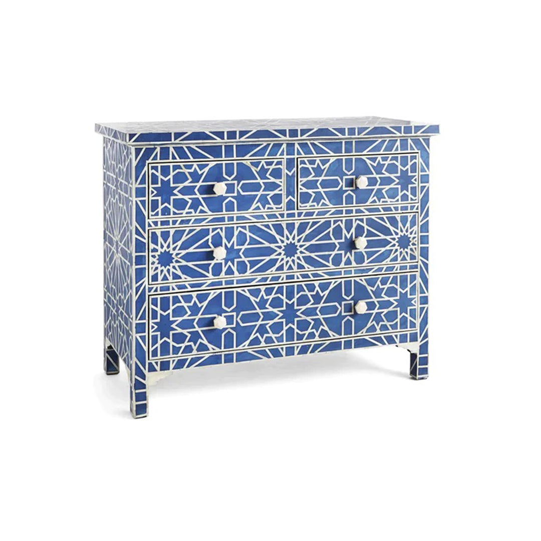 Bone Inlay Chest Of 4 Drawers , Moroccan Pattern In Indigo