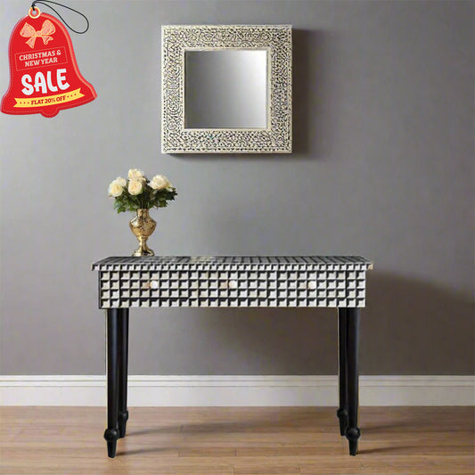 HANDMADE BLACK BONE INLAY CUBOID PATTERN CONSOLE TABLE