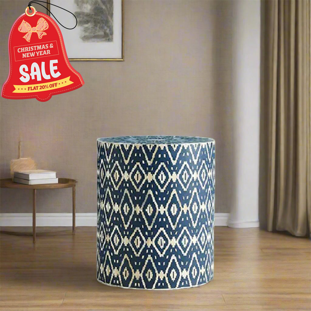 HANDMADE BLUE BONE INLAY ROUND STOOL IN GEOMETRICAL IKKAT PATTERN