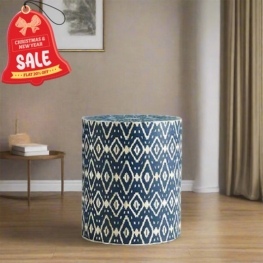 HANDMADE BLUE BONE INLAY ROUND STOOL IN GEOMETRICAL IKKAT PATTERN