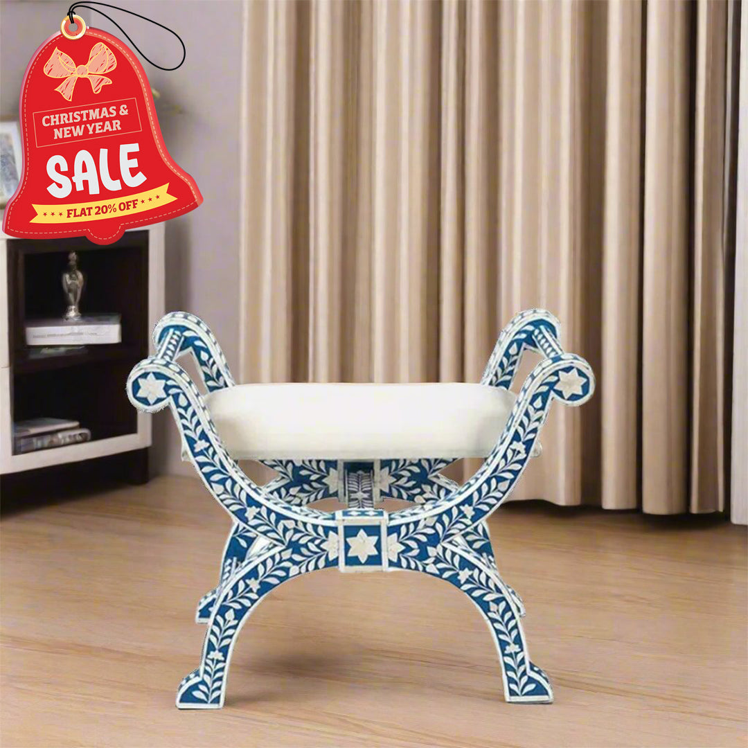 HANDMADE INDIGO BONE INLAY FLORAL PATTERN JENNY STOOL