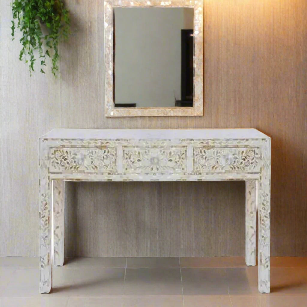 Handmade White mother of pearl vintage antique console table chest of drawer for home office