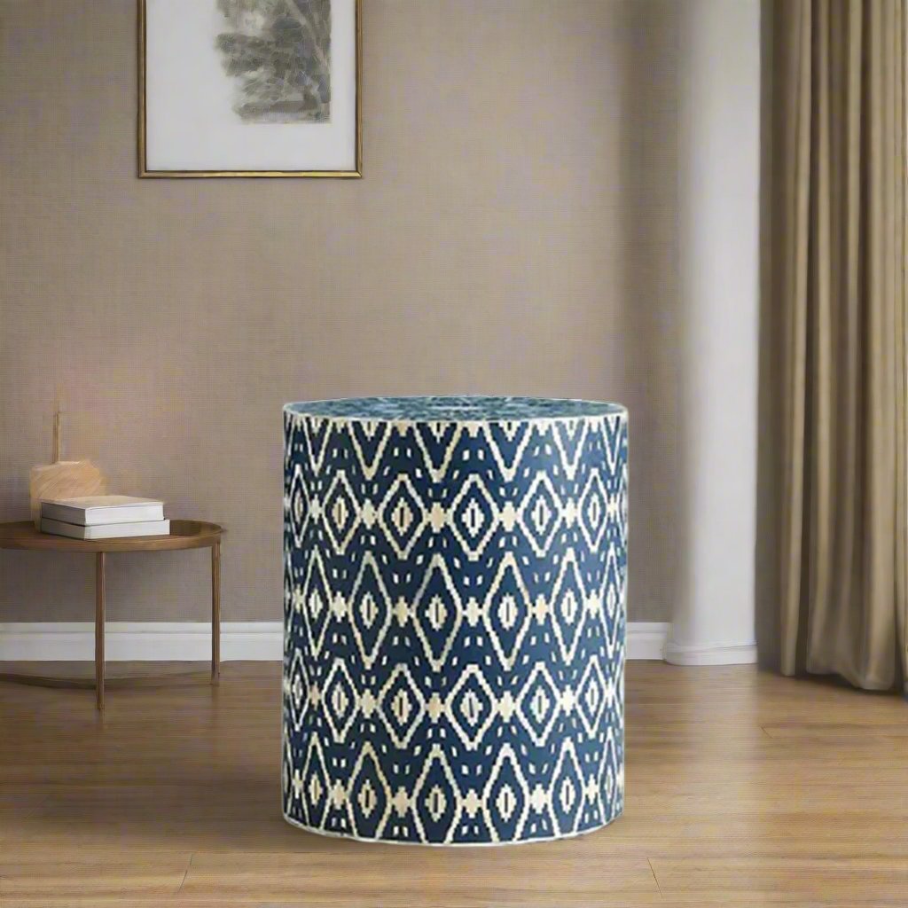 HANDMADE BLUE BONE INLAY ROUND STOOL IN GEOMETRICAL IKKAT PATTERN