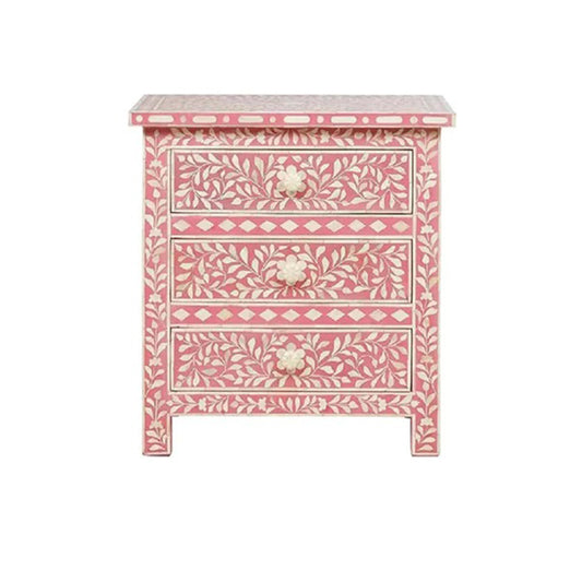 Bone Inlay Floral 3 Drawer Bedside Table - Pink