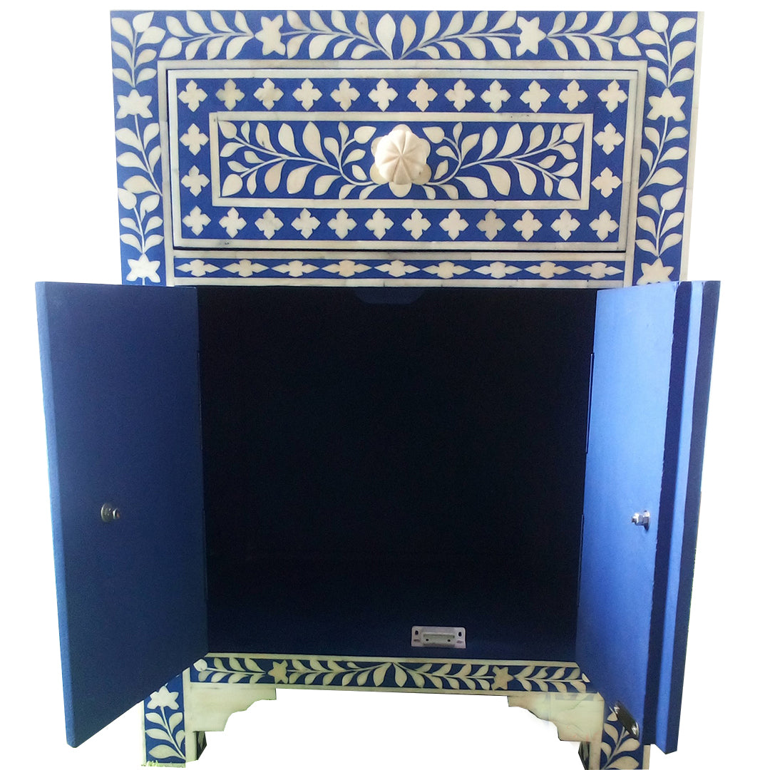 Bone Inlay Floral Bedside Table - Blue